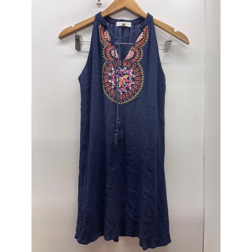 THML Navy Blue Embroidered Tassel Halter Shift Dress Petite Small Boho Pink Gold